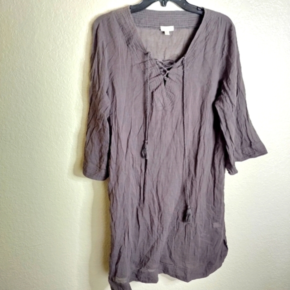 Garnet Hill Gray Organic Cotton Bohemian Tassel Tie Front Tunic coverup Sz M - Picture 1 of 8